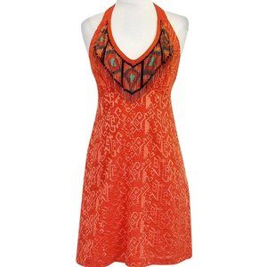 Nanette Lepore Orange Tribal Geometric Embroidered Beaded Halter Mini Dress 8